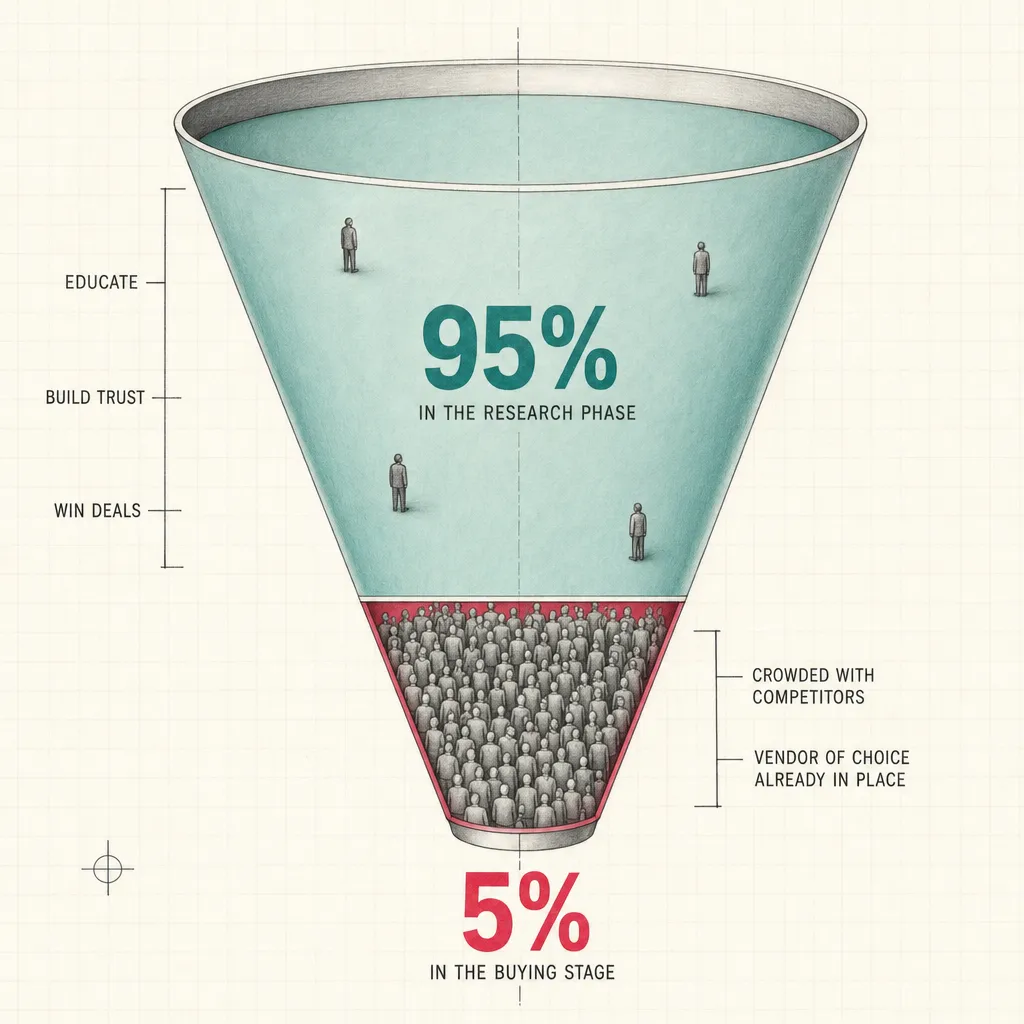 The 95/5 rule: 95% of buyers sit in the research phase in an open, uncrowded market where you can educate, build trust, and win deals. The 5% in the buying stage are packed into a crowded field of competitors where a vendor of choice is already in place.