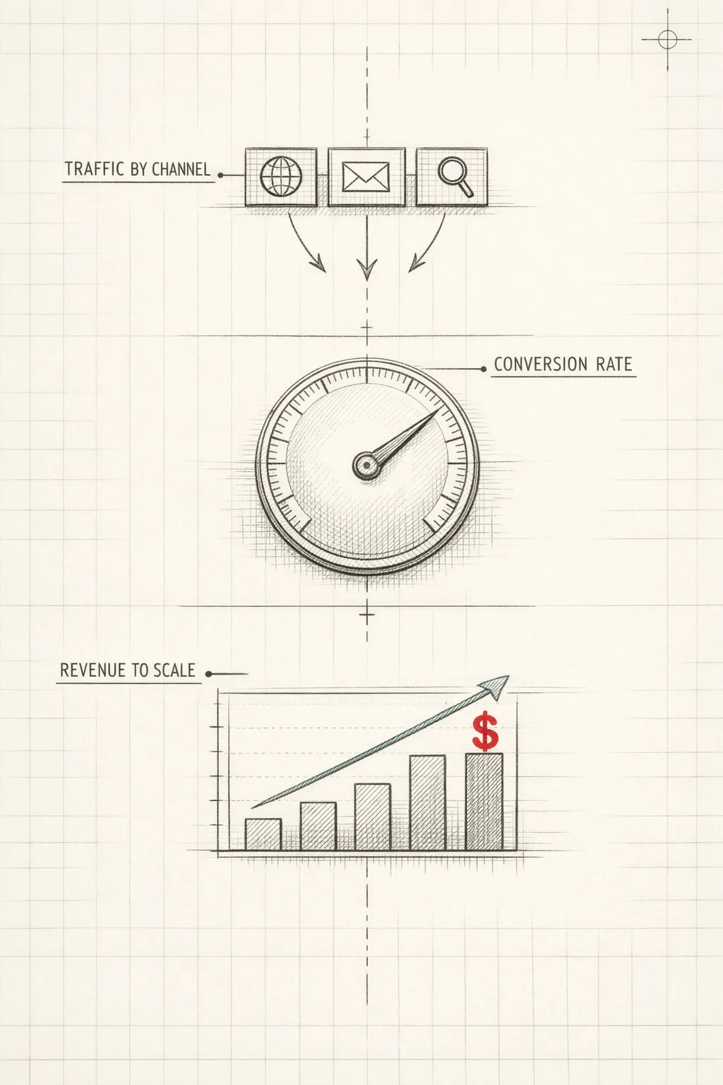 Architect's diagram of a 3-stage analytics instrument cluster reading traffic, conversion, and revenue