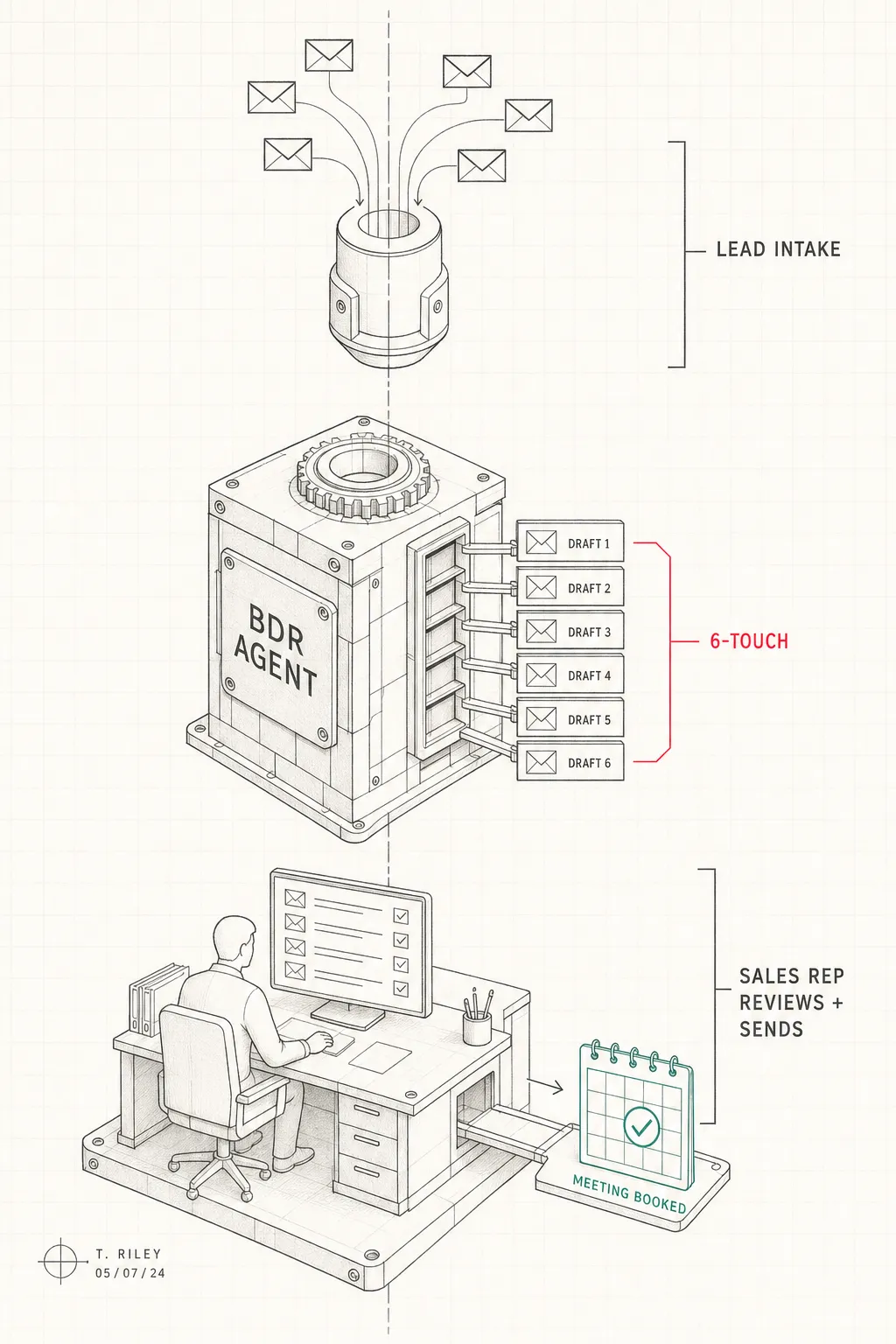 Architect's diagram of a BDR Agent writing personalized 6-touch nurture emails for a Sales Rep to review and send