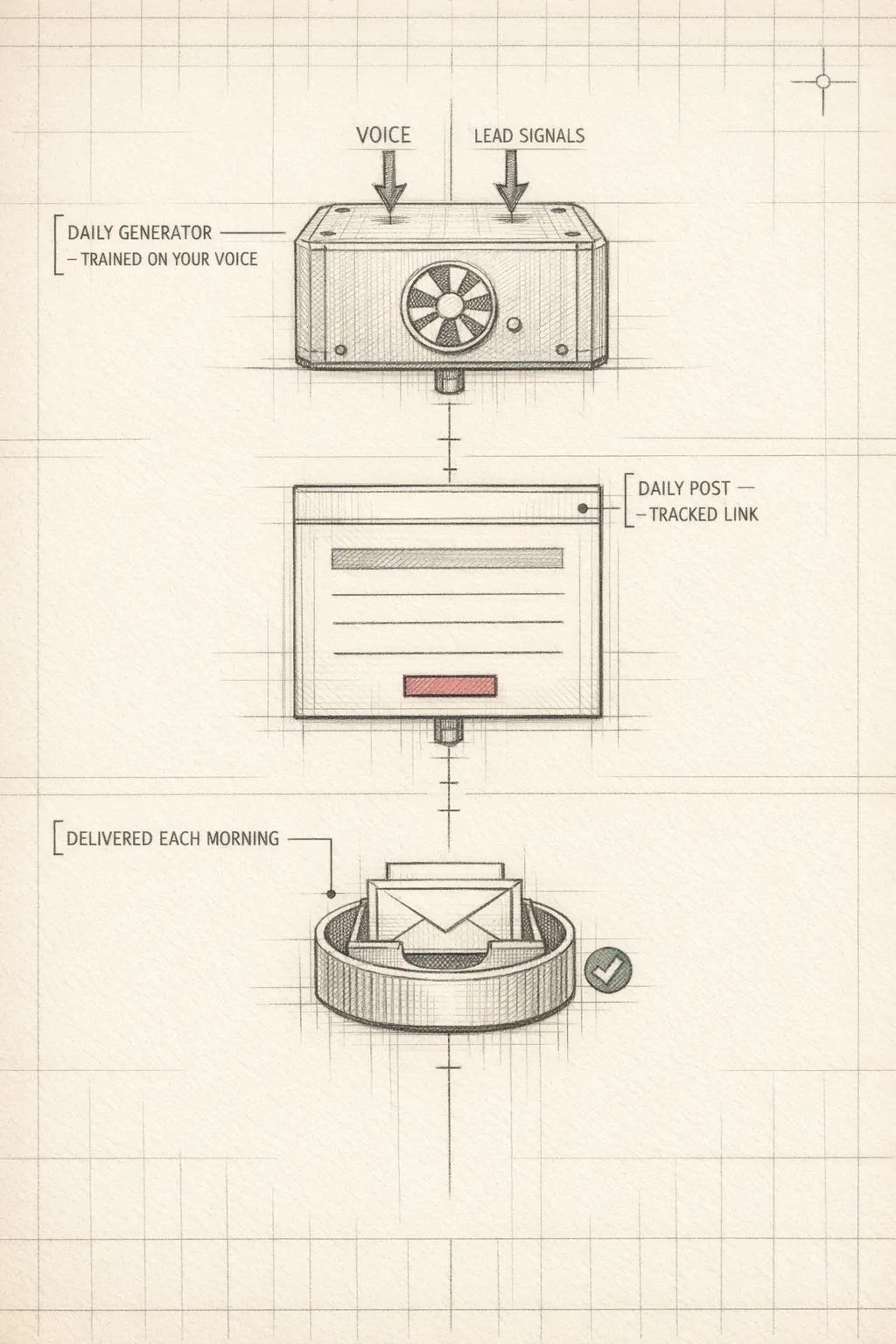 Architect's diagram of a daily content engine producing a tracked post delivered to an inbox each morning