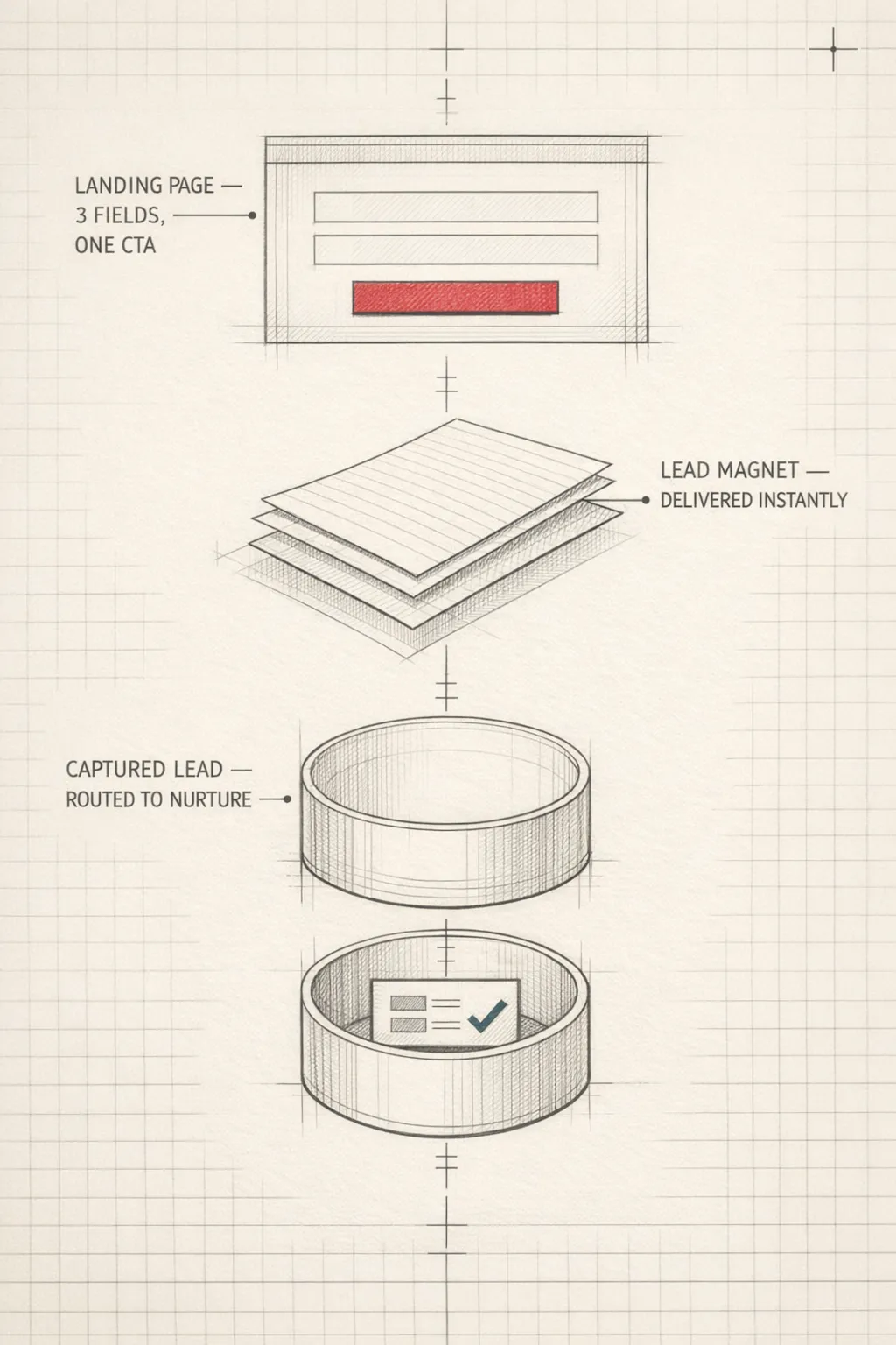 Architect's diagram of a lead magnet funnel: landing page, lead magnet asset, and captured lead routed to nurture