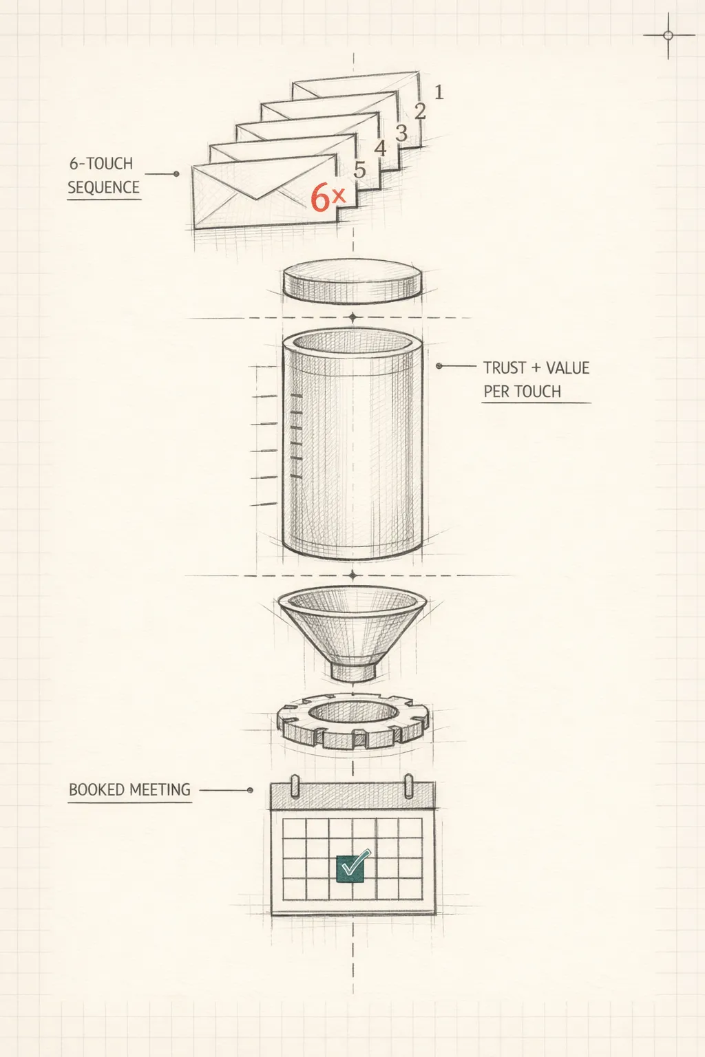 Architect's diagram of a 6-touch email nurture sequence building trust toward a booked meeting